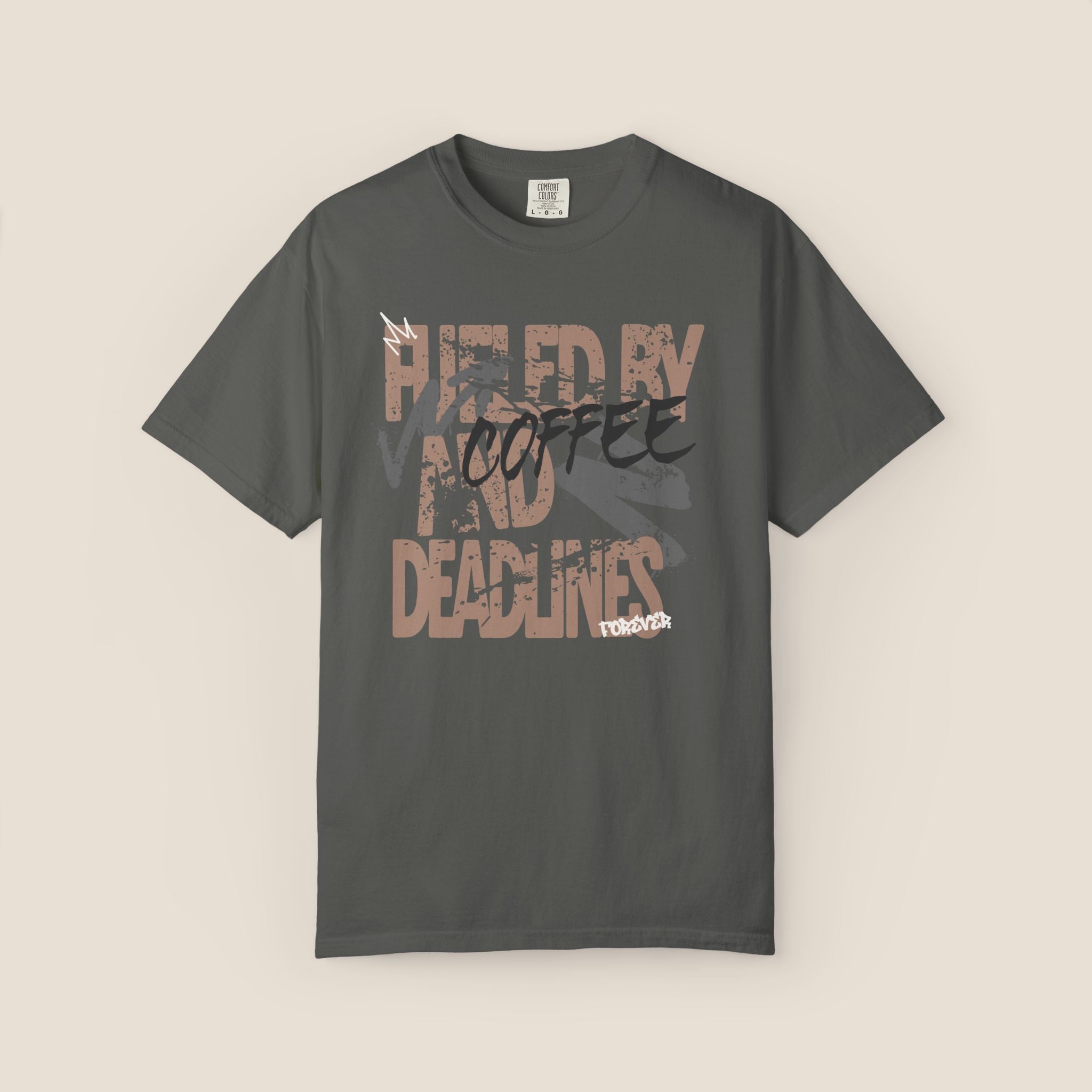 Fueled By Coffee And Deadlines Shirt | Vintage Tee | Distressed Streetwear Graphic | Funny Office Work Gift | Oversized Student Top