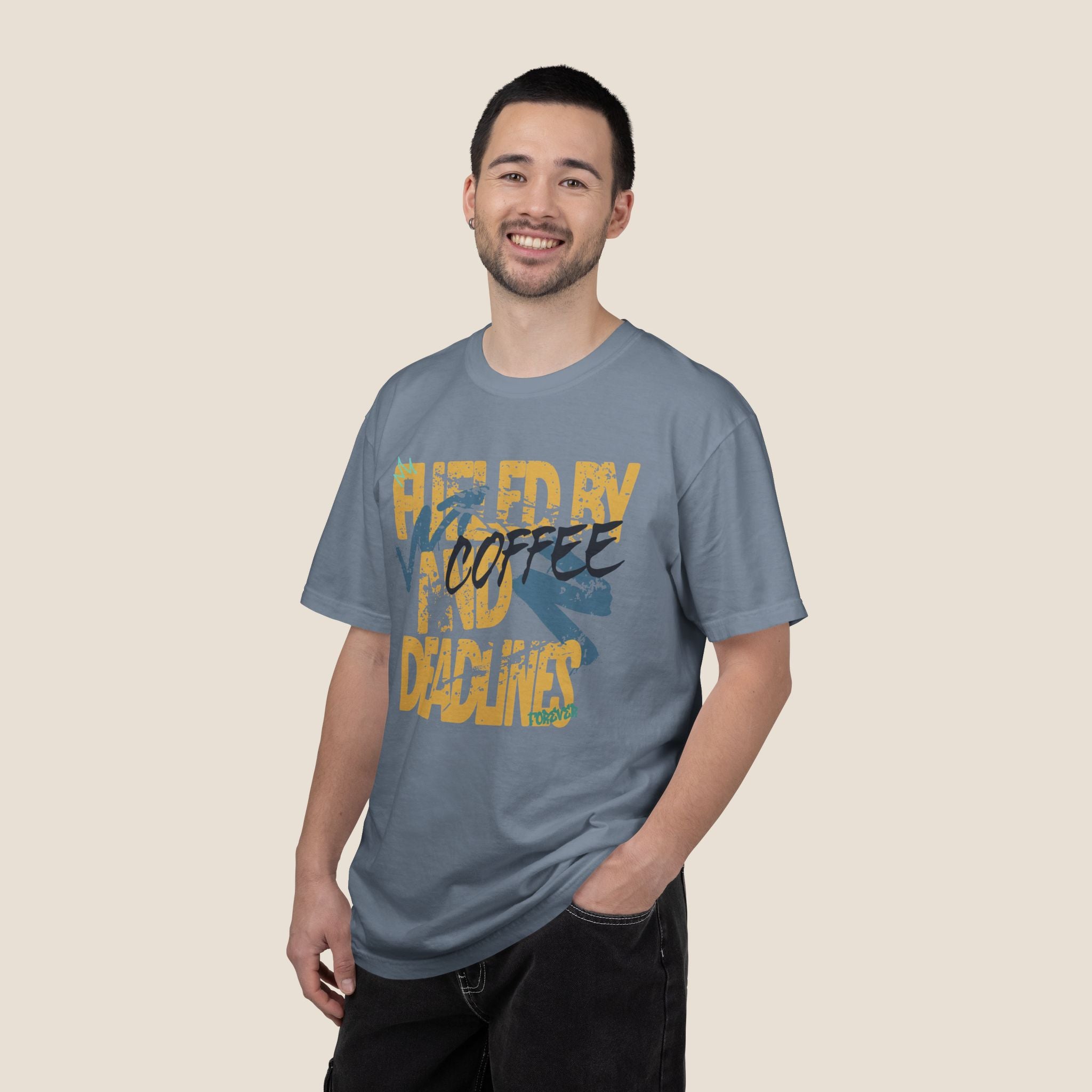 Fueled By Coffee And Deadlines Shirt | Vintage Tee | Distressed Streetwear Graphic | Funny Office Work Gift | Oversized Student Top