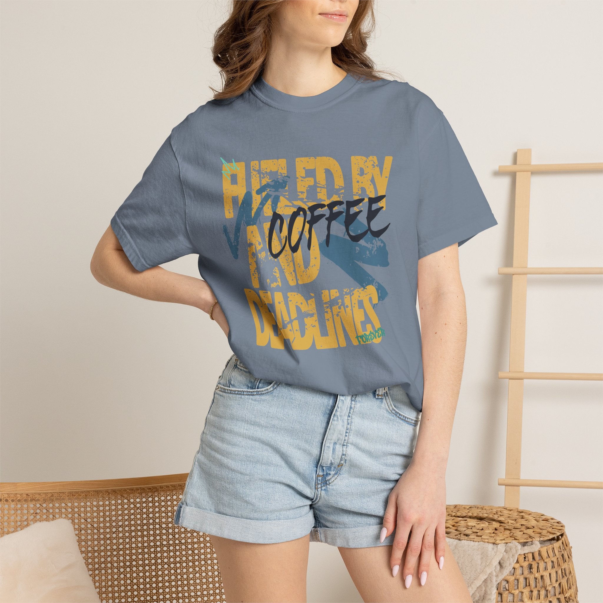 Fueled By Coffee And Deadlines Shirt | Vintage Tee | Distressed Streetwear Graphic | Funny Office Work Gift | Oversized Student Top